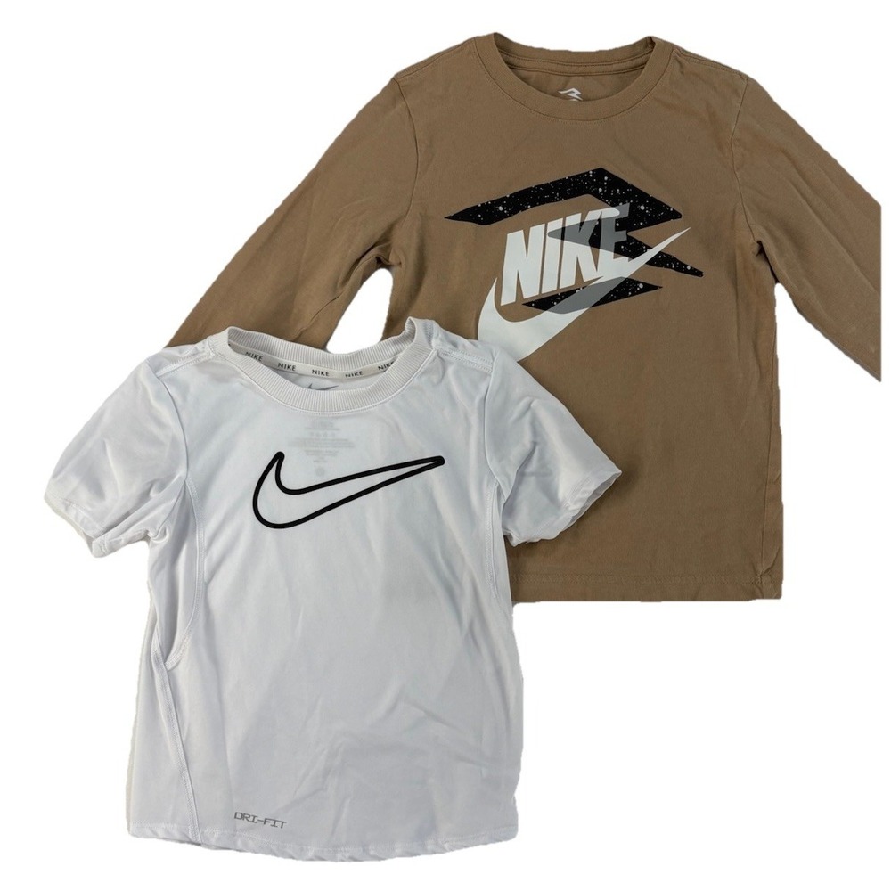 NIKE Athletic T-shirts Boys 5T White Dry Fit Short Sleeve Tan Cotton Long Sleeve